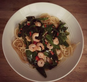 Spaghetti met lamsoren en garnalen